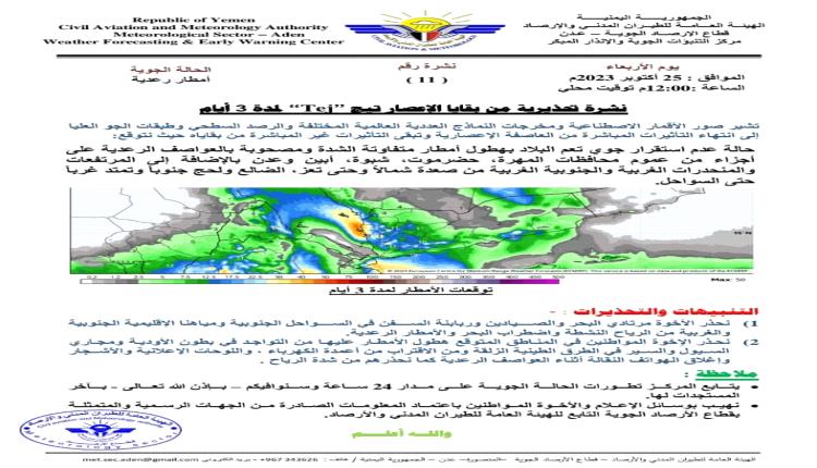 عاجل / الأرصاد يحذر من أمطار غزيرة في عدن والسلطة المحلية توجه برفع الجاهزية