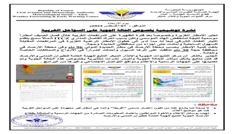 توضيح عاجل من هيئة الطيران والارصاد بشأن الحالة الجوية في السواحل الغربية