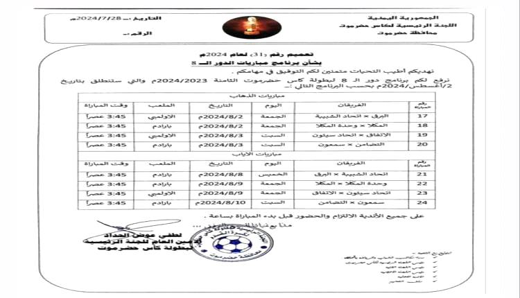 لجنة كأس حضرموت تحدد مواعيد دور الثمانية للنسخة الثامنة