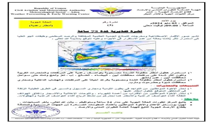 مركز الإنذار المبكر يحذر من هطول أمطار رعدية على عدد من المحافظات