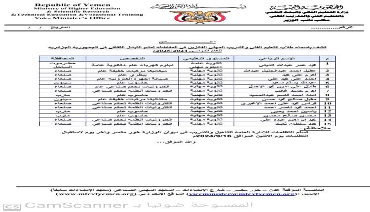 وثيقة - وزارة التعليم العالي تعتمد 15 منحة خارجية لطلاب الثانوية المهنية معظمهم من مناطق الحوثي